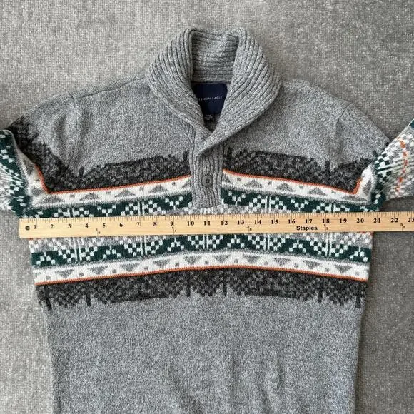 American Eagle Sweater Mens Medium Gray Fair Isle Shawl Collar Pullover Knit - Picture 5 of 7